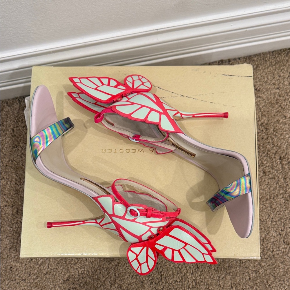 Sophia Webster Butterfly Heels 37 Holographic Strap Iconic Angel Wings Sandals - Picture 7 of 12